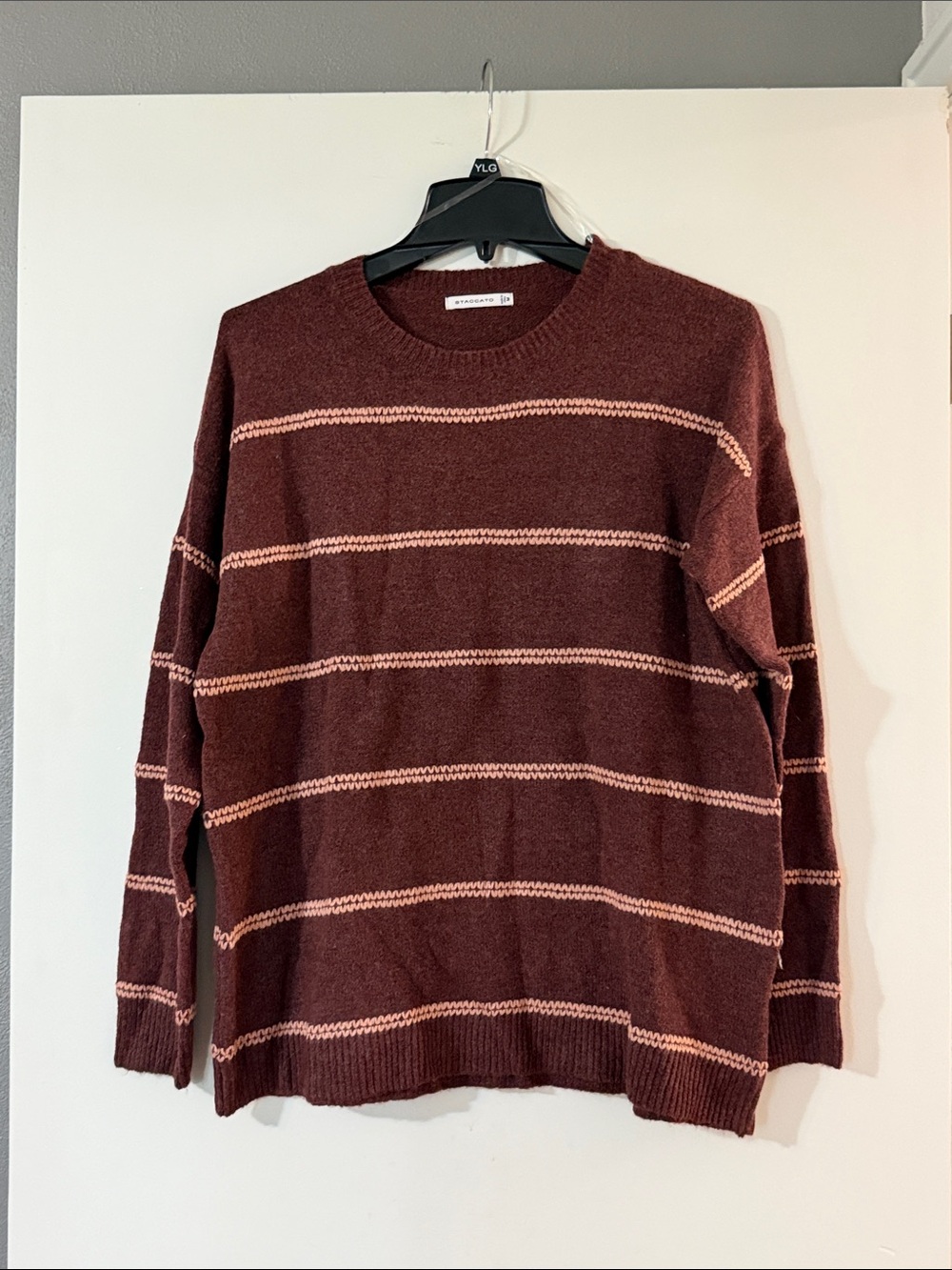 Staccato Maroon Crewneck Sweater with Pink Stripe Detail